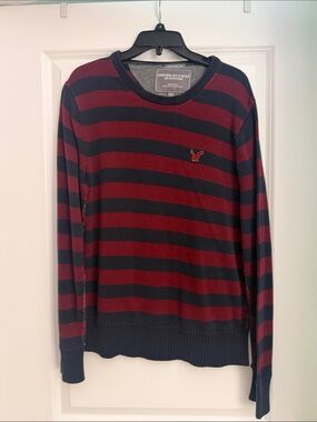 American Eagle Outfitters Navy and Burgundy Striped Crewneck Sweater